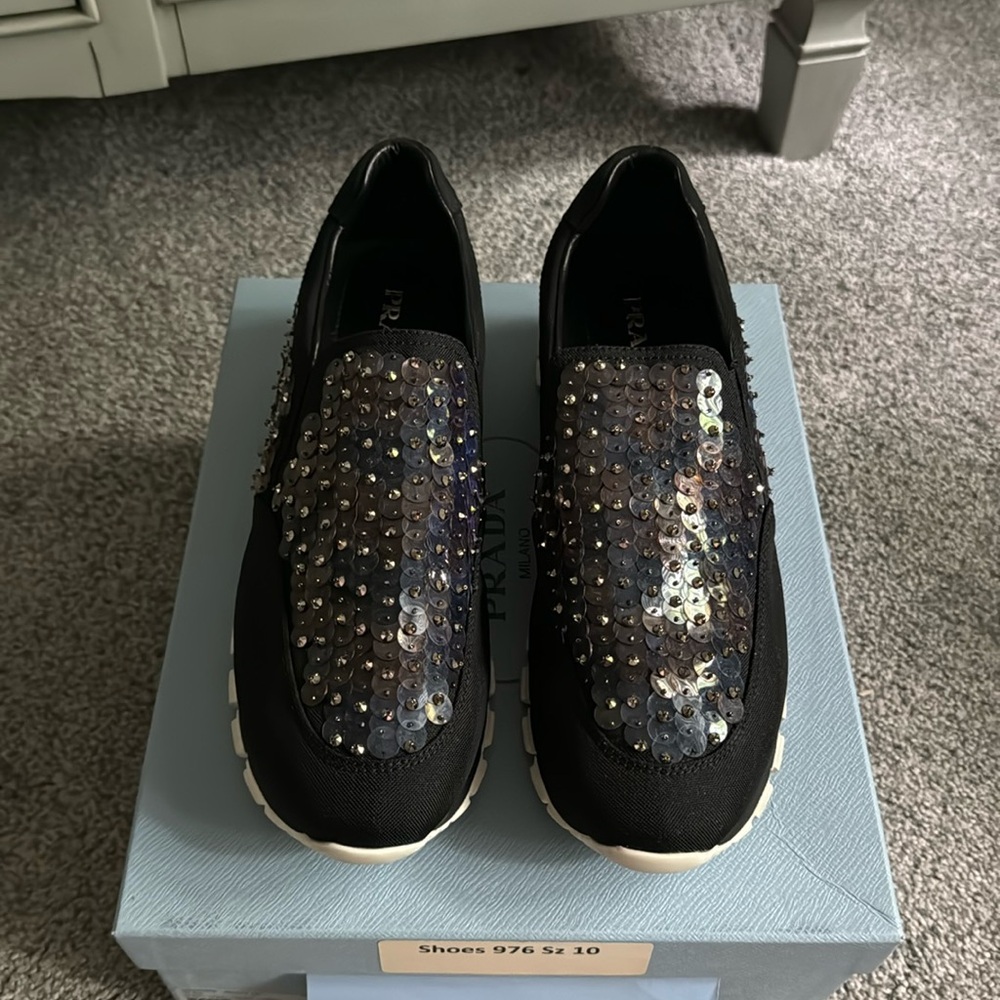 Prada Black Sequin Slip-On Athletic Sneakers